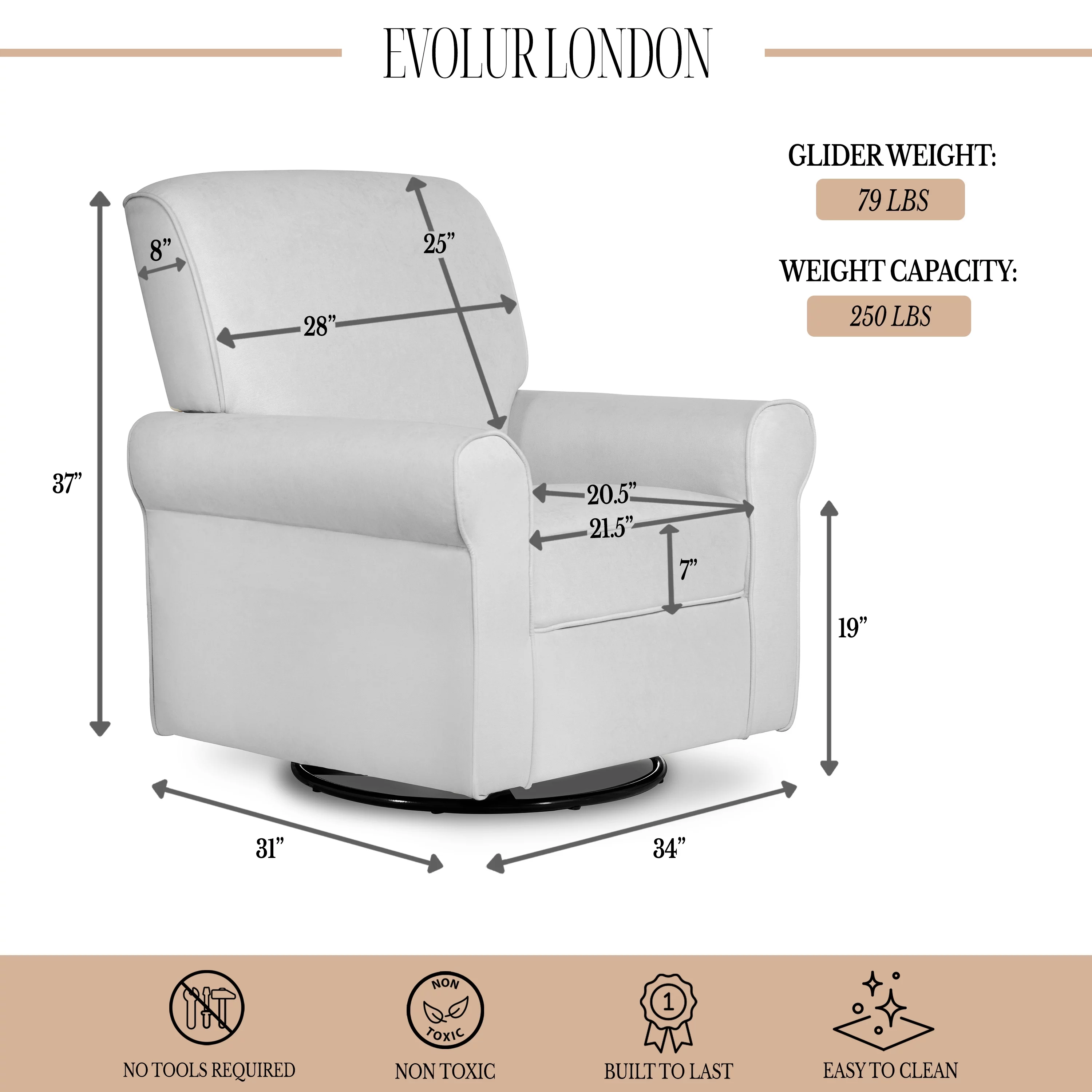 Evolur London Upholstered 360 Swivel l Glider I Rocker I Nursery Glider I Durable Soft Fabric in Gray Finish