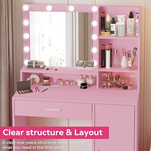 Vanity Desk with Mirror and Light, Large Drawer and Three Level Storage Dresser, 3 Lighting Modes Adjustable Brightness