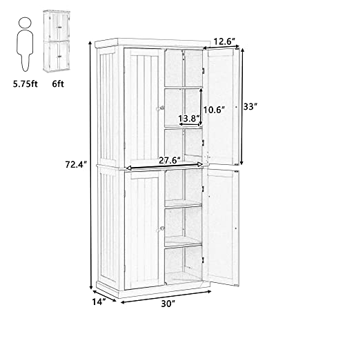 Kitchen Pantry Cabinet, 72.4-inch Tall Storage Cabinet with 4 Doors and Adjustable Shelves, Freestanding Cupboard Utility Pantry for Home Office