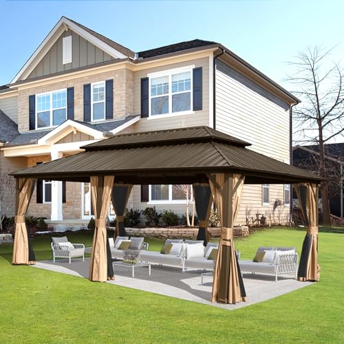 Domi 10' x 10' Hardtop Gazebo Outdoor Metal Gazebo with Galvanized Steel Double Roof Canopy, Curtains and Netting for Patio, Backyard, Deck
