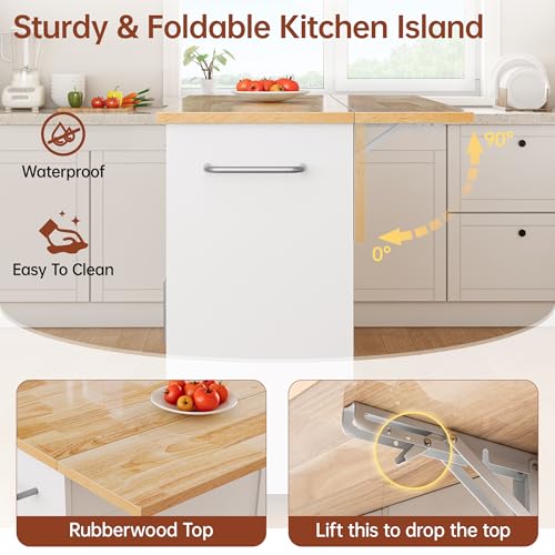 Kitchen Island with Storage, 31.5" D Rolling Kitchen Island Cart on Wheels with Widen Drop Leaf Rubberwood Top