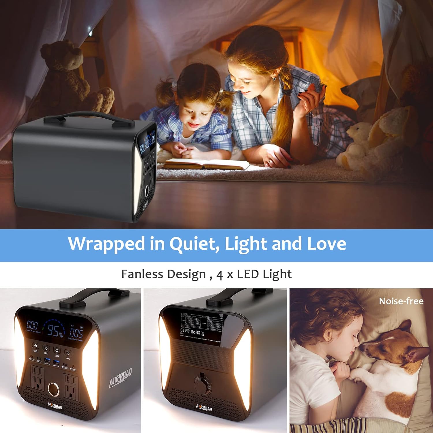 AMPROAD Portable Power Station Epic 300, 300Wh Backup Power Supply with 4*LED Lights and AC/DC/QC USB Ports, Solar Generator for Home Use, Camping