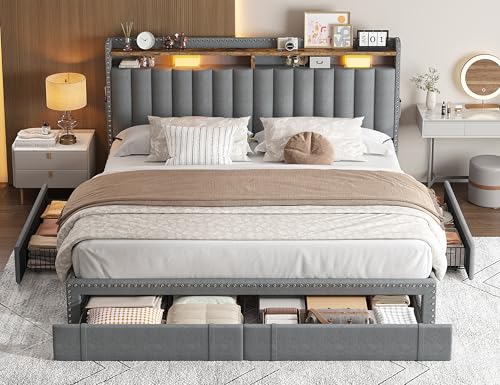EnHomee Queen Bed Frame with 3 Storage Drawers, Upholstered Bed Frame Queen Size with 2-Tier Storage Headboard, Wooden Slats, No Box Spring Needed