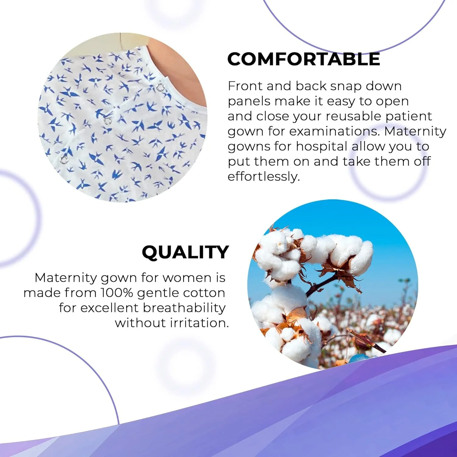 Hospital Gowns for Women, Pack of 3 Medium White Patient Gowns with Bird Print, Short Sleeves, Front and Back Snaps, Soft Cotton Patient Gown