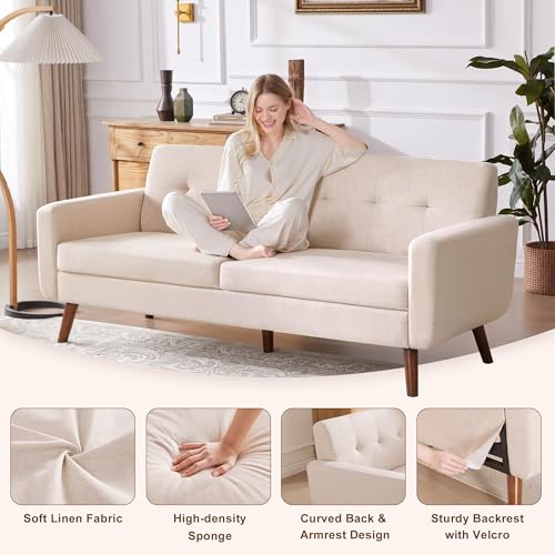 Tbfit L Shaped Couch Sofa, 80" W Mid-Century Modern Sectional Couches, 3 Seater Sofas with Wide Chaise Lounge & Two Pillows
