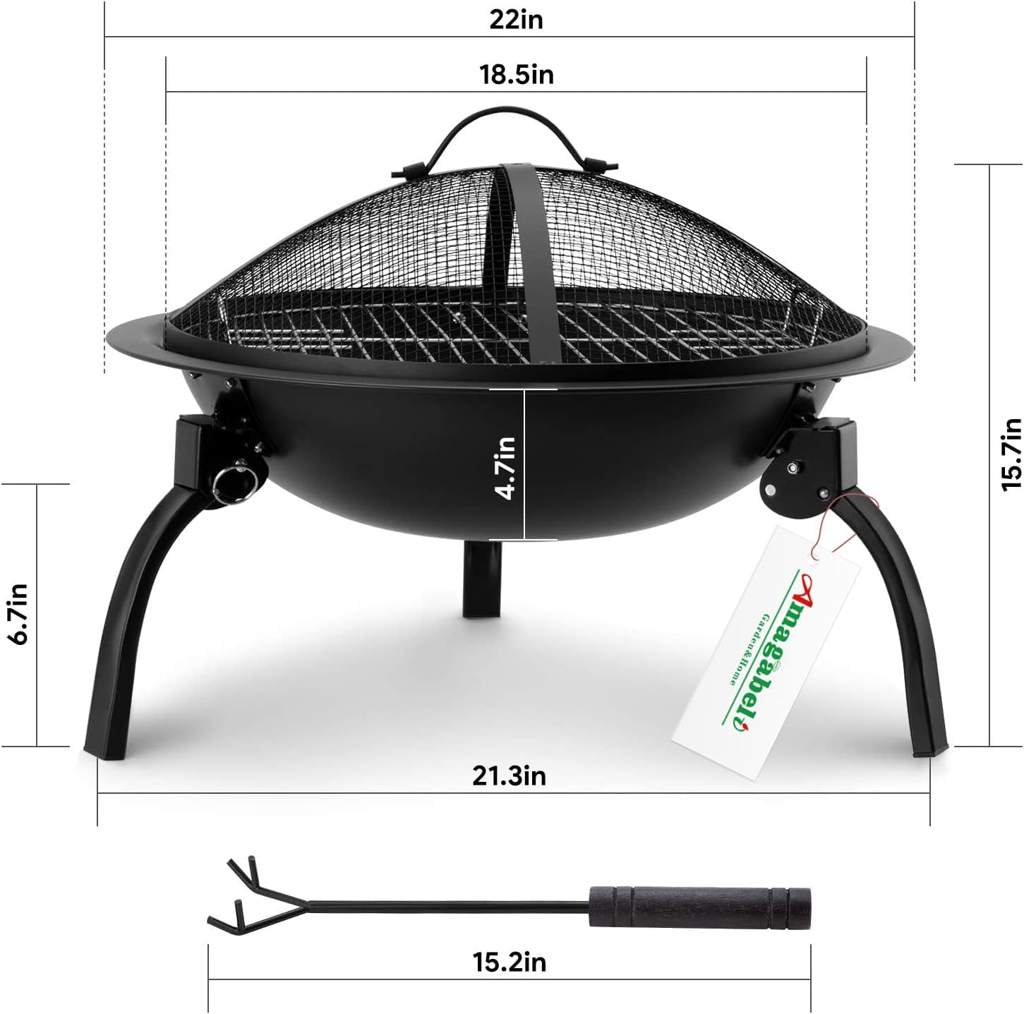 AMAGABELI GARDEN & HOME Fire Pit Outdoor Wood Burning Portable Folding 22in Firepit Firebowl Fireplace Poker Spark Screen Retardant Mesh Lid Deep