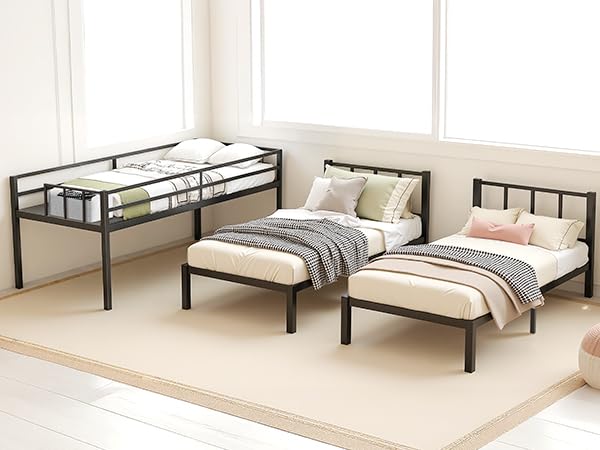 Heavy Duty Triple Bunk Bed, Twin Over Twin Over Twin with Guardrails and Ladder, Metal Bunk Bed for 3, 3 Bed Teens and Adults, No Box Spring Needed