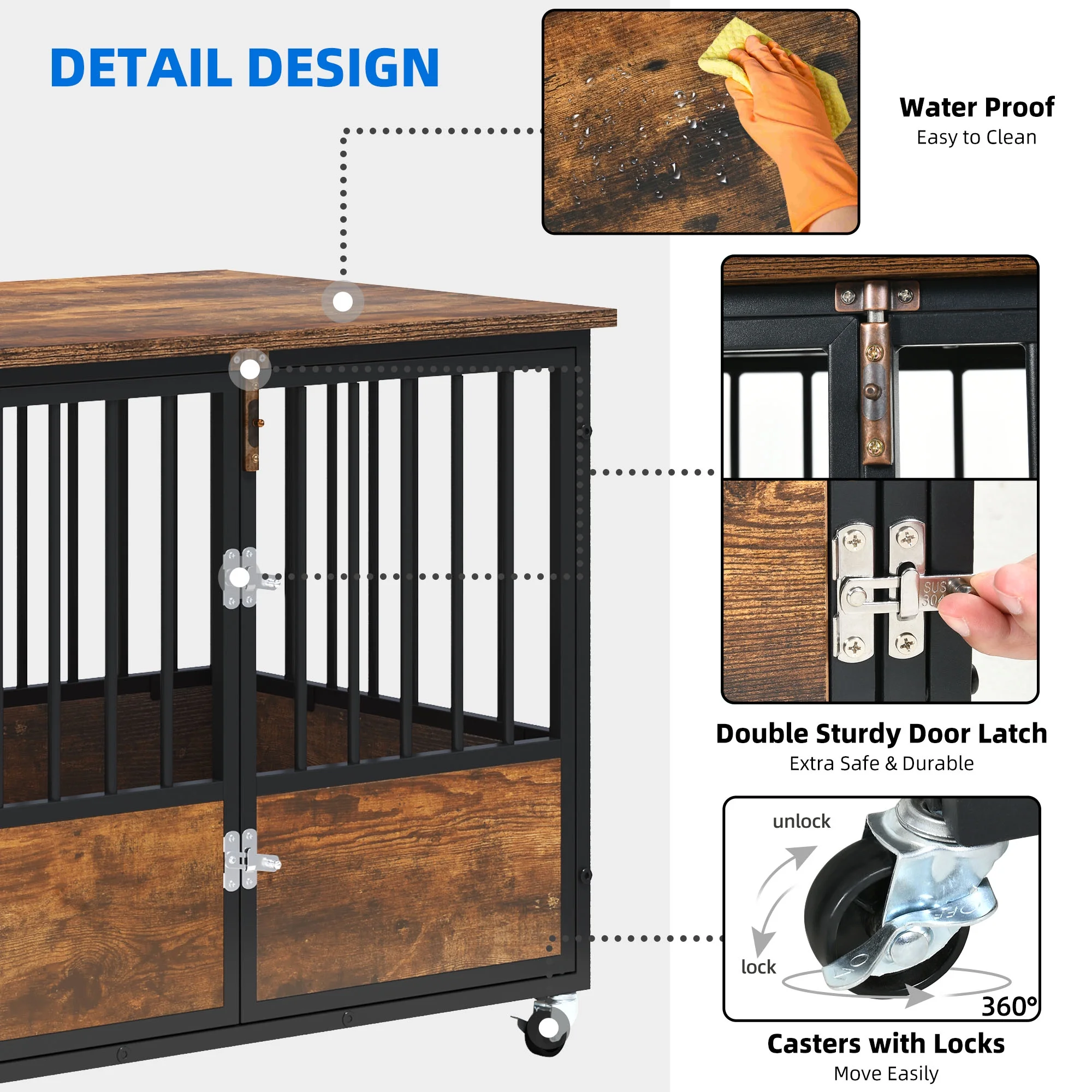 Dextrus Large Dog Crate Furniture with Wheels, 38in Rustic Heavy Duty Metal Dog Crate and Kennel for Small Medium Dogs