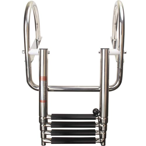 4-Step Heavy-Duty Stainless Steel Pontoon Boat Ladder with Extra Wide Steps & Handrails | Telescoping Folding Rear Entry Ladder, 600lbs Capacity