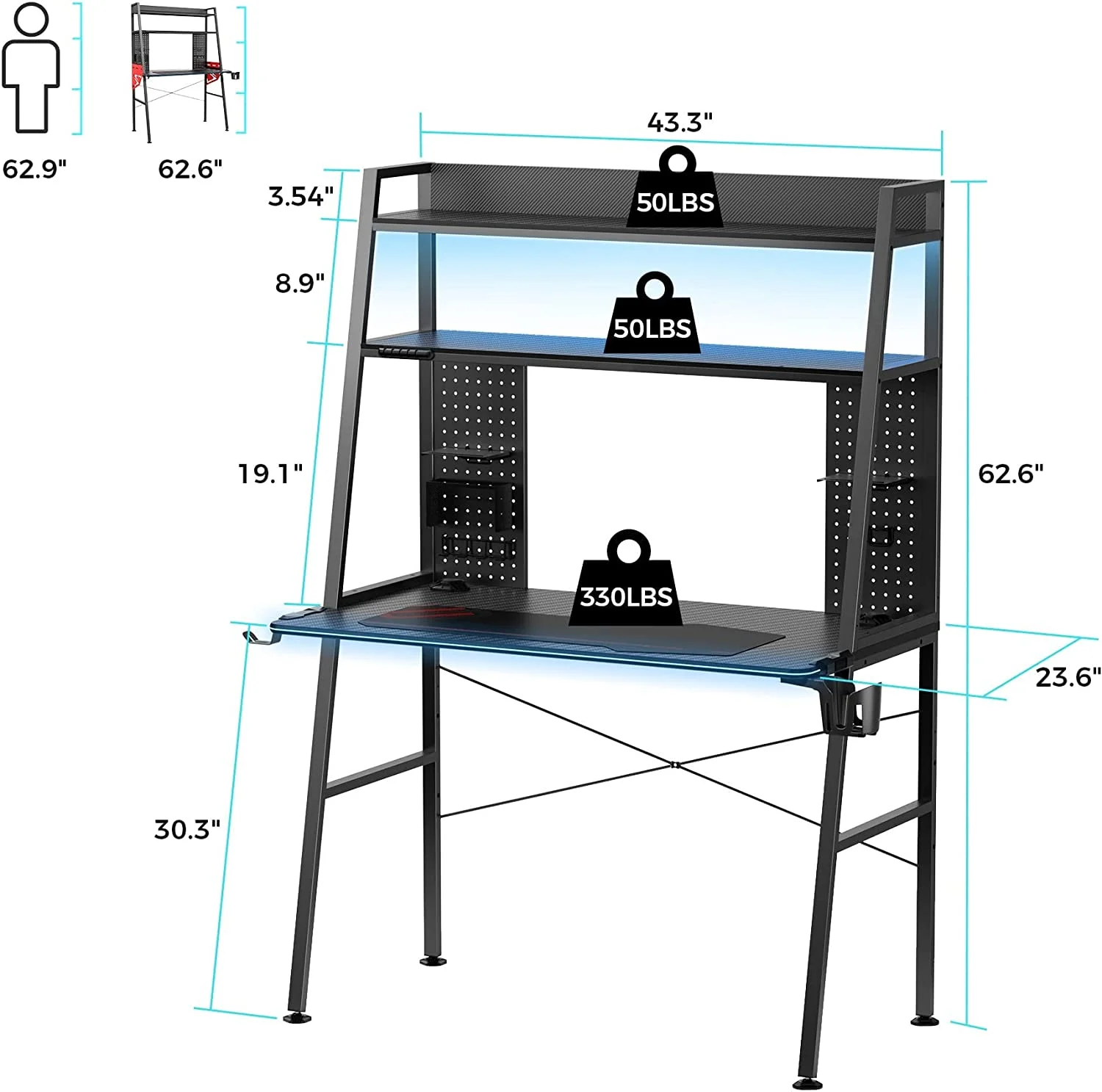 KHBIULIFE ERGONOMIC LED Gaming Desk with Shelves  Dual Pegboards  43''