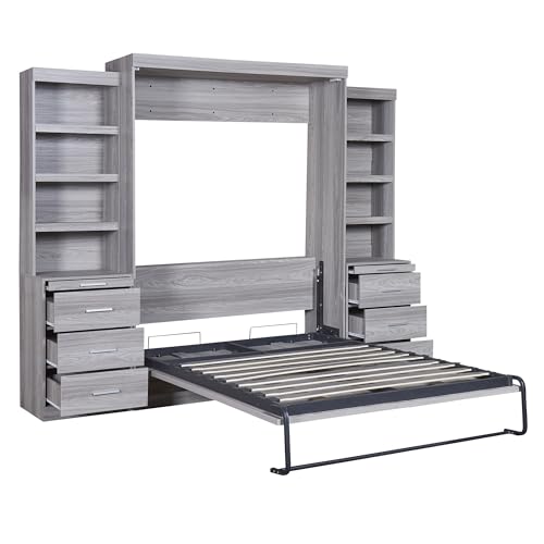 Full Size Murphy Bed with 2 Convertible Side Cabinet Storage Shelf, Foldable Wallbed Bedframe