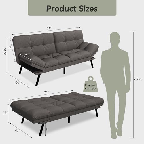 71" Convertible Futon Sofa,Faux Leather Futon Couch Bed,Sleeper Sofa Bed,Memory Foam Modern Folding Small Loveseat for Living Room,Office,Apartment