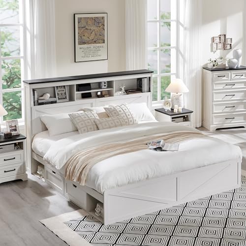 Queen Size Wood Bed Frame Farmhouse with 52" Tall Storage Bookcase Headboard, LED Light,Charging Station,4 Drawers and Solid Wood Slats Support