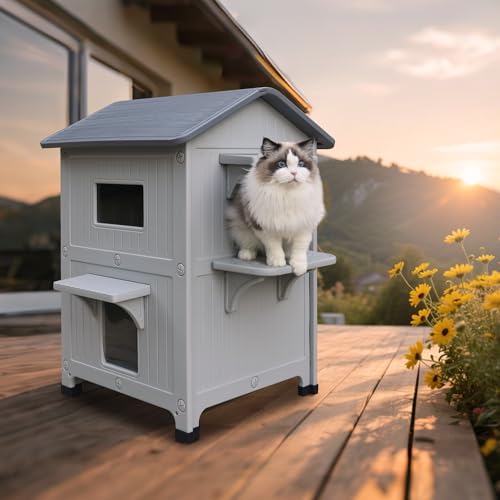 Plastic Outdoor Cat House with Mat Weatherproof for Feral Cat, 2 Story Insulated Elevated Cat Shelter with Escape Door, Easy Assemble