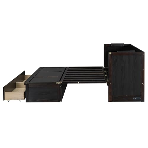 Harper & Bright Designs Queen Size Murphy Bed Cabinet, Solid Pine Wall Bed Chest with USB