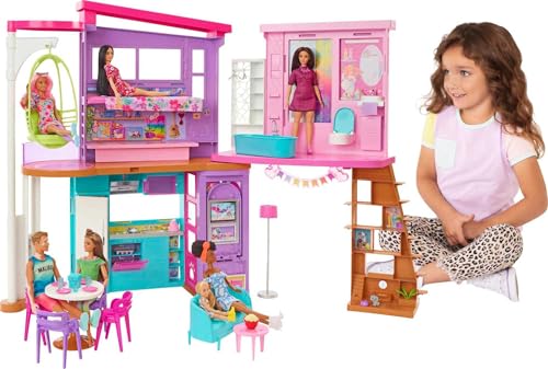 Barbie Vacation House, 2-Storey Fully-Furnished Barbie House with 6 Play Areas, Swing Chair Elevator, 30 Accessories, Fold and Store