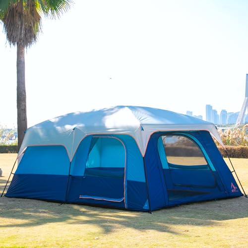 KTT Extra Large Tent 10-12-14 Person(Style-B),Family Cabin Tents,2 Rooms,3 Doors and 3 Windows with Mesh,Straight Wall,Waterproof,Double Layer