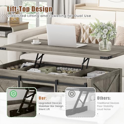 48" Farmhouse Lift Top Coffee Table with Storage Sliding Barn Door & Large Hidden Compartment