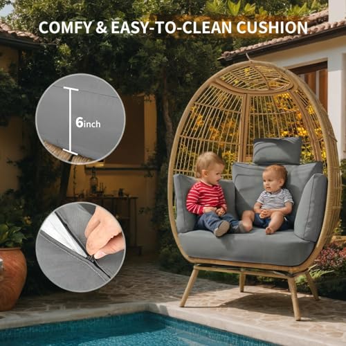 DWVO Rattan Egg Chair with Ottoman, Indoor Outdoor Egg Shape Wicker Chair for Patio, Backyard, Living Room, Basket Chair w/Footrest, 5 Cushions