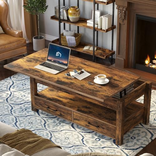 Rolanstar Coffee Table, Lift Top Coffee Table with Drawers and Hidden Compartment, Retro Central Table with Wooden Lift Tabletop, for Living Room