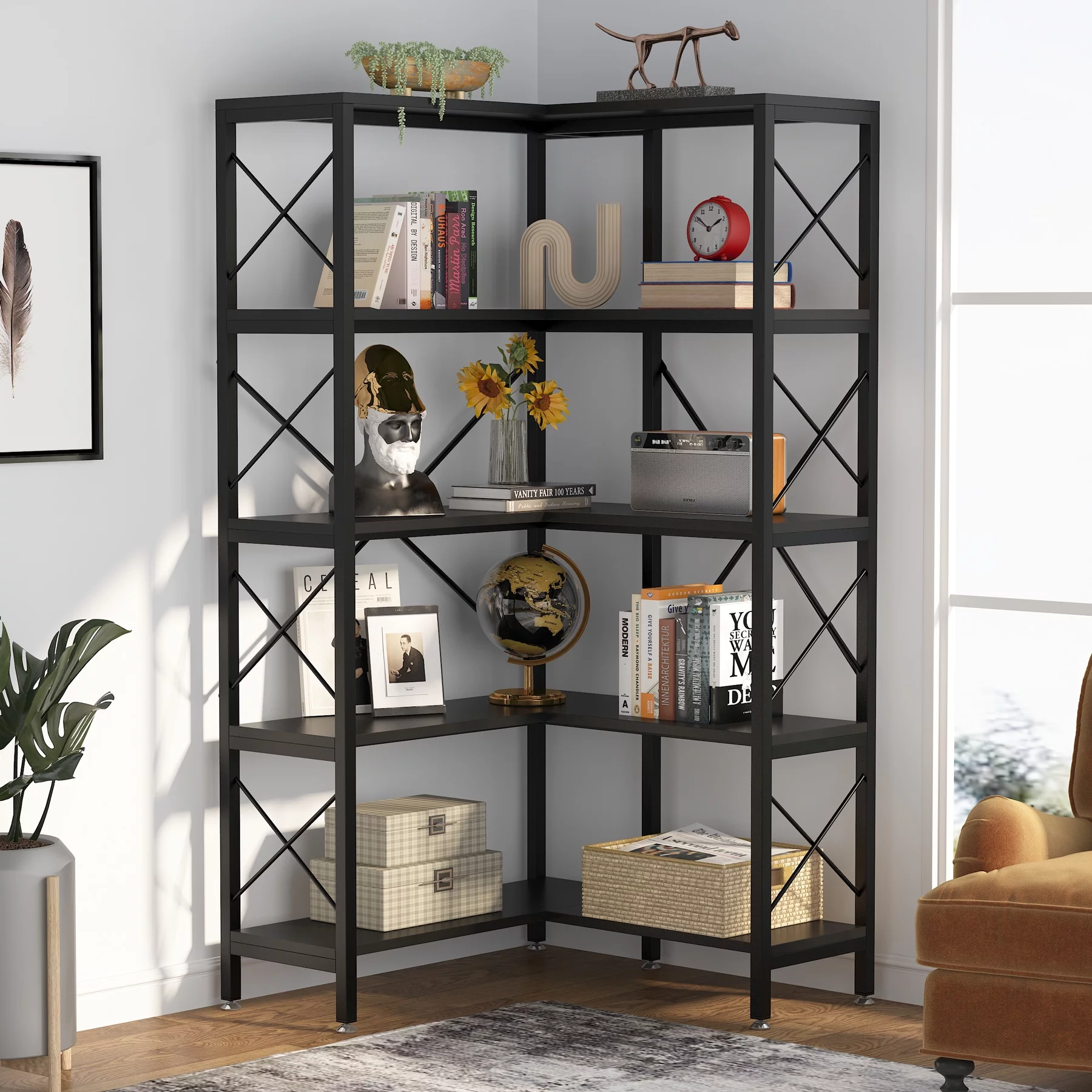 Tribesigns 5-Tier Corner Bookshelf Bookcase, Tall Corner Shelf Open Display Rack for Living Room