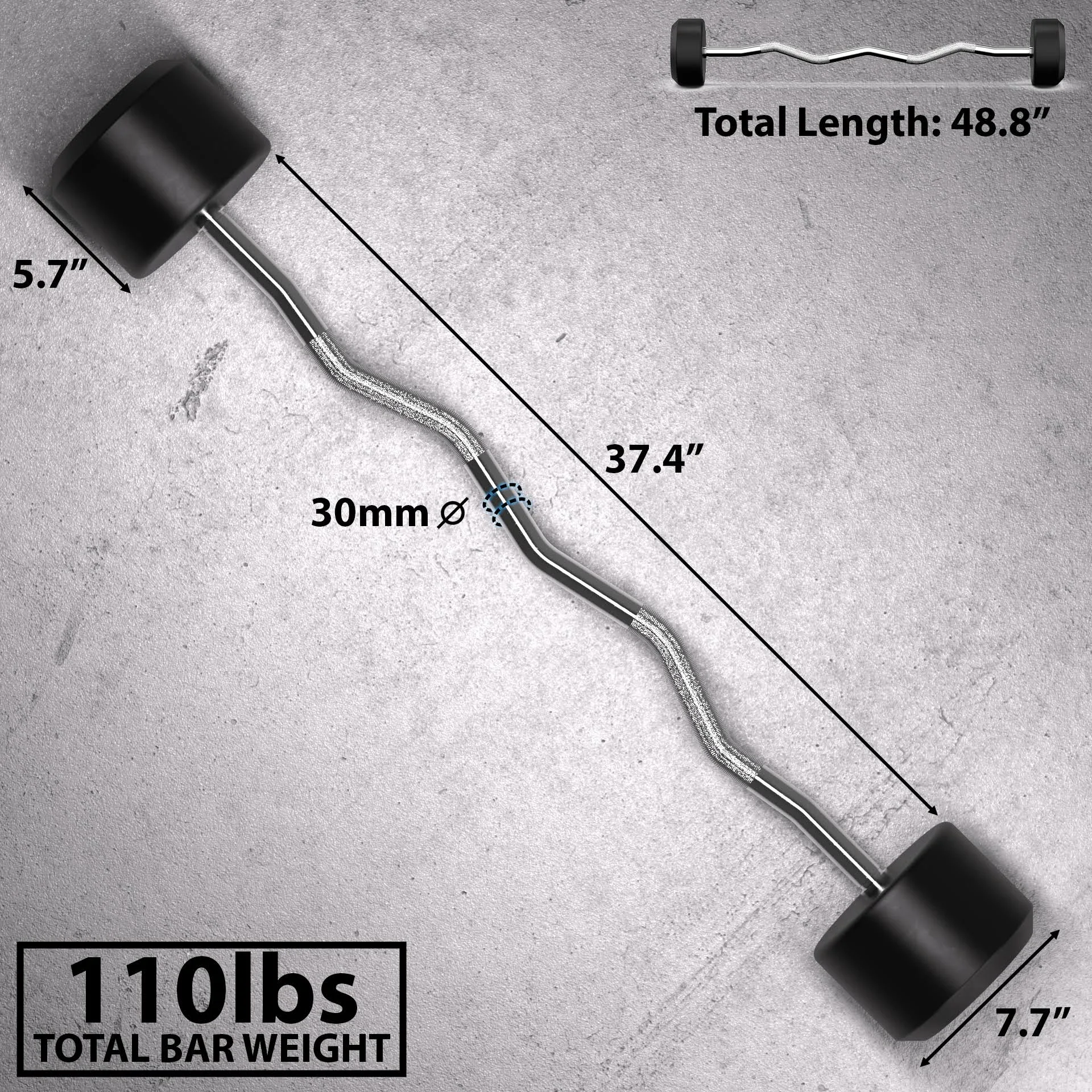 Synergee 110lb Fixed Easy Curl Bar Straight Steel Bar Rubber Weight.