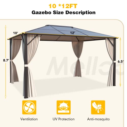 MELLCOM 10'x13' Hardtop Gazebo with Polycarbonate Double Roof, Aluminum Frame Outdoor Gazebo Permanent Pavilion with Curtains and Netting for Patio