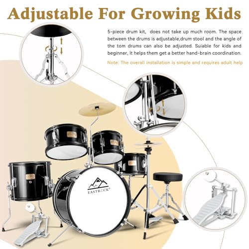 EASTROCK Kids Drum Set, 5-Piece 16 Inches Junior Drum Sets for Kids, Drummer, Beginner Youth Drumset for 7-12 Years Old with Throne,Cymbal,Pedal