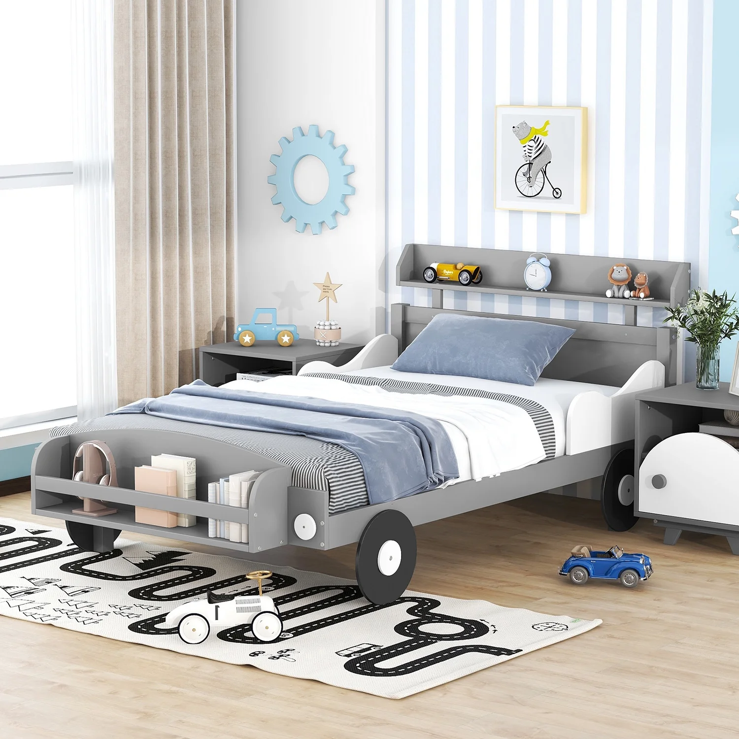 Churanty Twin Size Car-Shaped Platform Bed with Storage Shelf, Kids Twin Platform Bed Frame for Boys Girls,Gray