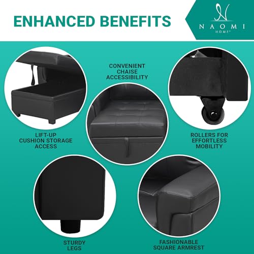 Naomi Home Jenny Sectional Sofa Sleeper with Storage Chaise, Tufted Pull Out Couch with Storage, L-Shaped Reversible Sleeper Sofa with Storage, Black