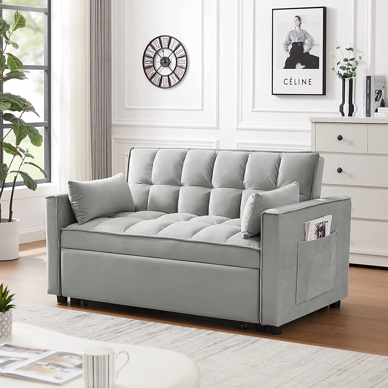 Pull Out Bed Sleeper Sofa Bed With Toss Pillows,Velvet Loveseat Futo Sofa Couch With Pockets