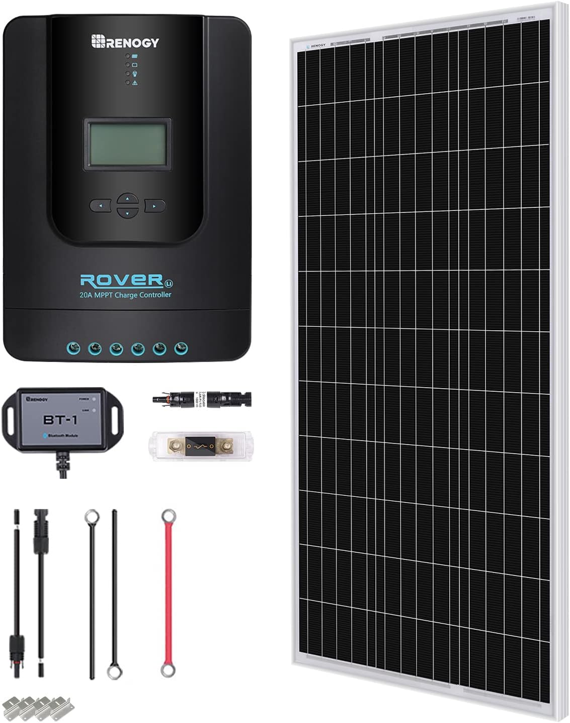 Renogy 400 Watt 12 Volt Premium 4 Pcs 100W Panel+40A MPPT Charge Controller+ Bluetooth Module Fuse+ Mounting Z Brackets+Adaptor Kit +Tray Cables Set