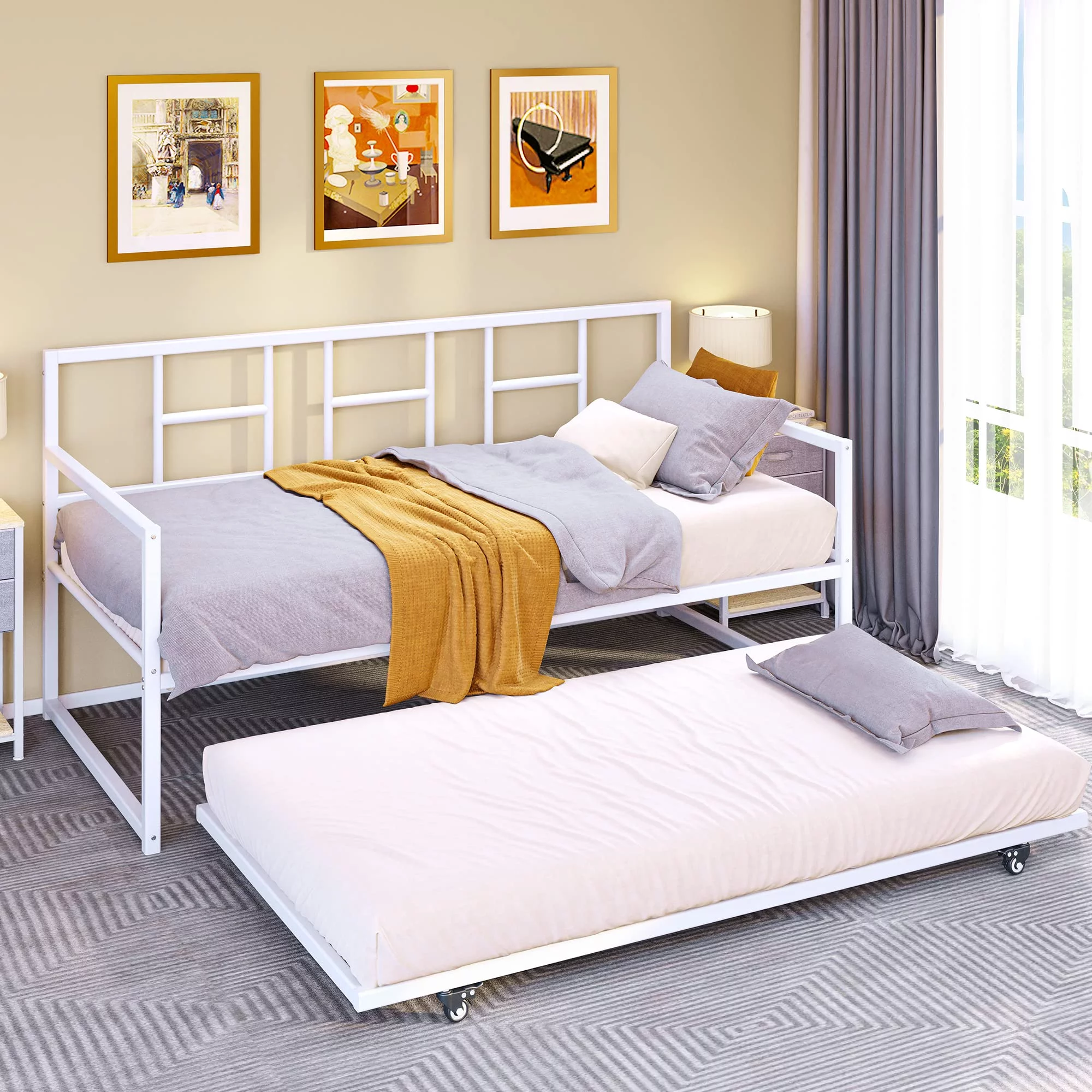 Dextrus Twin Daybed with Pull Out Trundle/Steel Slat Support/Space Saving Adjustable Height Trundle Bed and Multi-Functional Furniture for Living