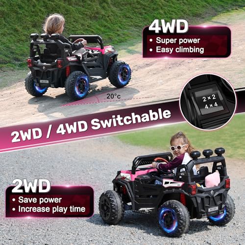 ANPABO 24V 4X4 Ride on Car Truck w/Remote Control, 4WD/2WD Switchable Kids UTV, 19" Spacious Seat, 4 Shock Absorbers, Soft Start, Music Player