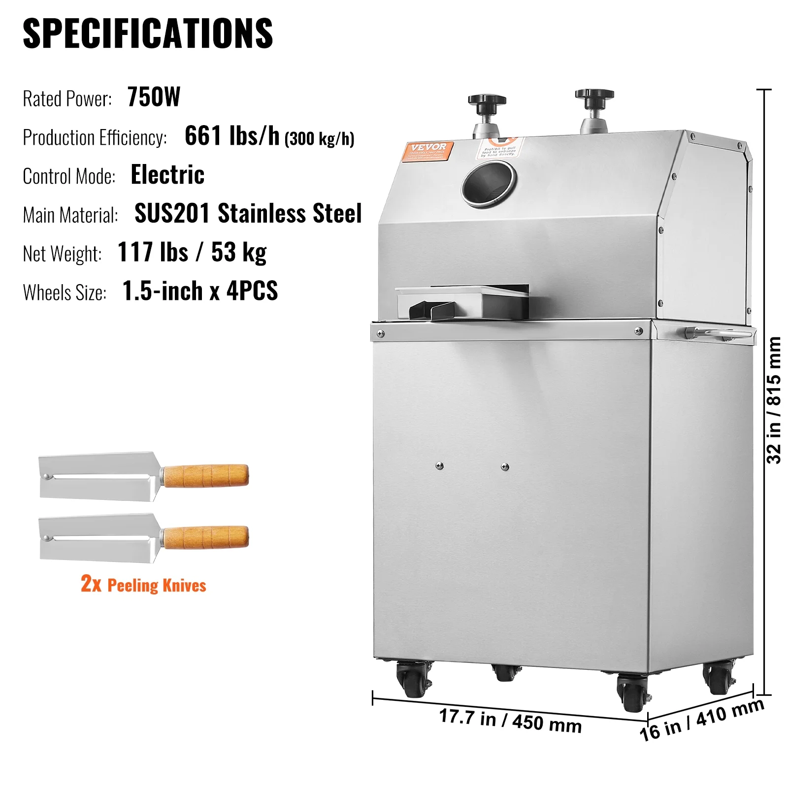 SKYSHALO 750W Electric Sugar Cane Juicer 661LBS/H Output 3 Rollers 2.4" Large Inlet