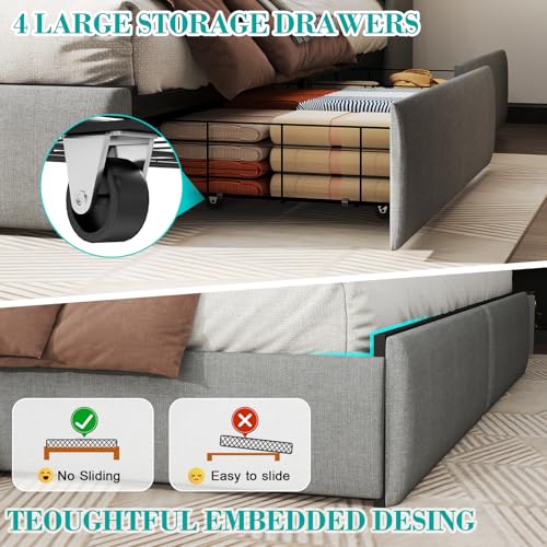 Queen Bed Frame with 2 Storage Drawers, Platform Bed Frame Queen Size with LED Light, Upholstered Headboard, Charging Station, Steel Slat Support