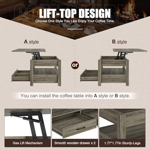 Rolanstar Coffee Table, Lift Top Coffee Table with Drawers and Hidden Compartment, Retro Central Table with Wooden Lift Tabletop, for Living Room