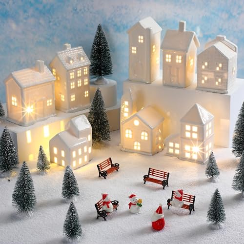 Soaoo 29 Pcs Ceramic Christmas Village Set 8 Led Village Houses 12 Christmas Trees 4 Snowmen 4 Benches and Fake Snow