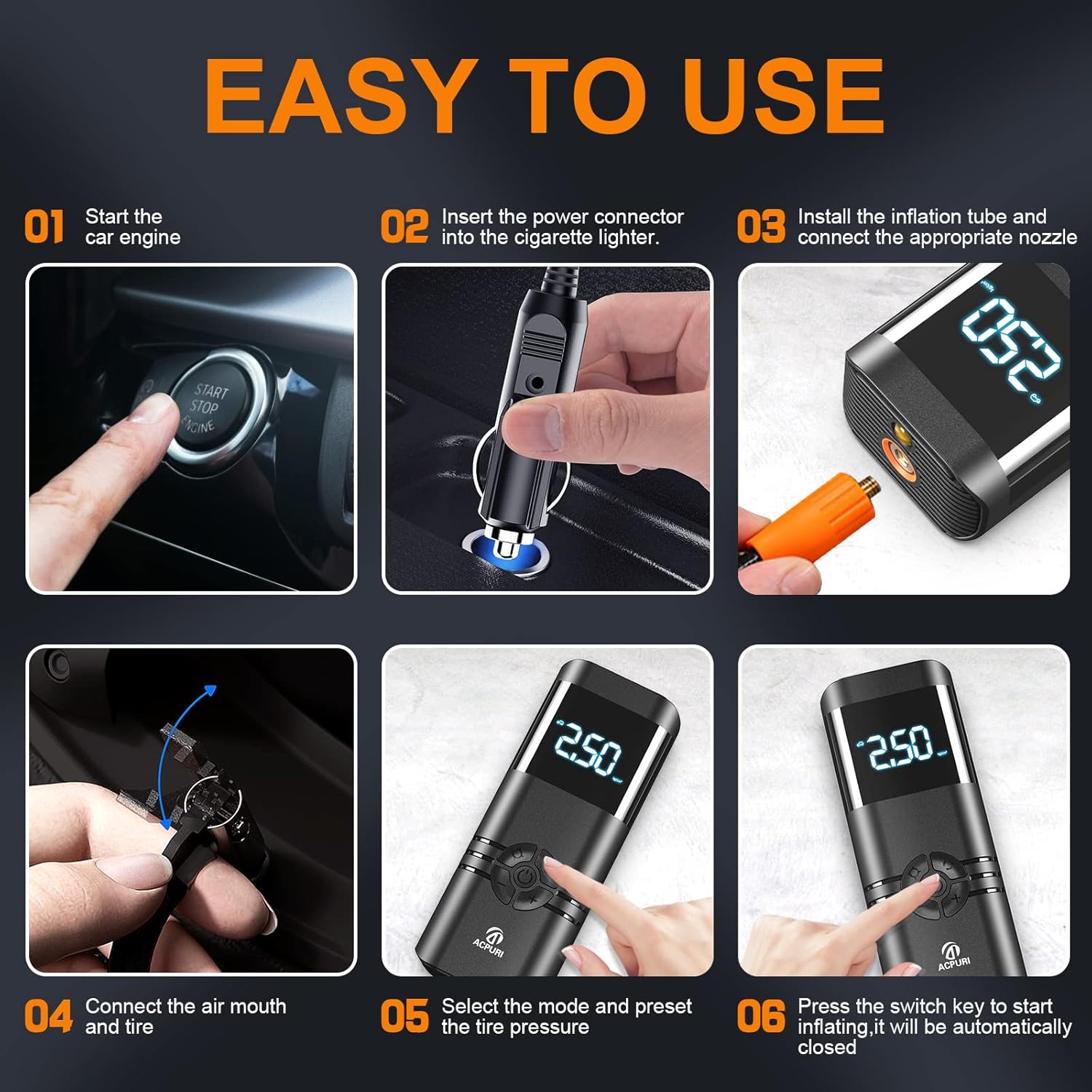 Portable Air Compressor Tire Inflator: 12V DC Auto Tire Pump Car Tire Inflator with Digital Pressure Gauge, Fast Inflation