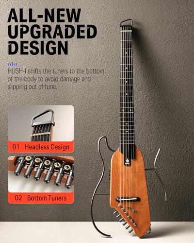 Donner HUSH-I Guitar For Travel - Portable Ultra-Light and Quiet Performance Headless Acoustic-Electric Guitar, Mahogany Body with Removable Frames