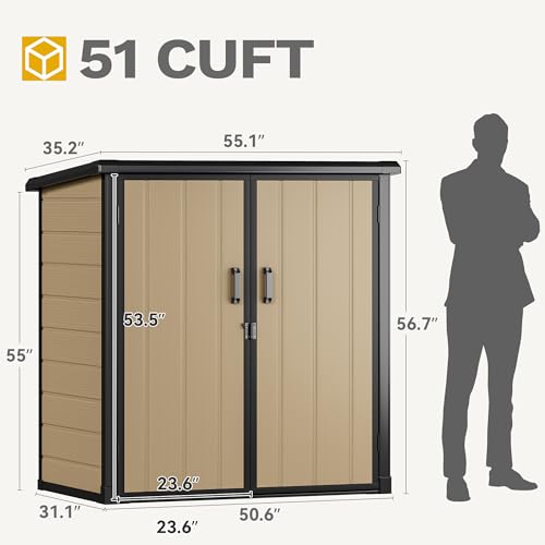 DWVO 5x3ft Resin Outdoor Storage Shed with Floor, Waterproof Lockable Storage Shed with Window, Plastic Outside Tool Storage for Garden, Backyard