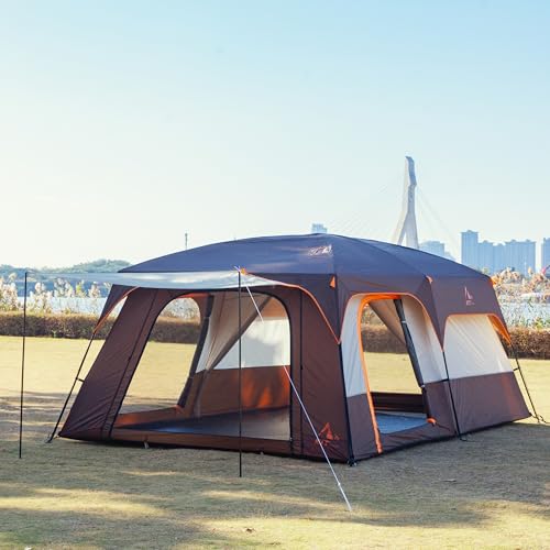 KTT Extra Large Tent 10-12-14 Person(Style-B),Family Cabin Tents,2 Rooms,3 Doors and 3 Windows with Mesh,Straight Wall,Waterproof,Double Layer