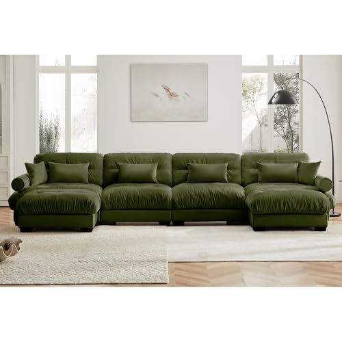 130" Modular Sectional Sofa,Velvet Upholstered Couches for Living Room,3 Seater Green Sofa Couch with Movable Ottoman
