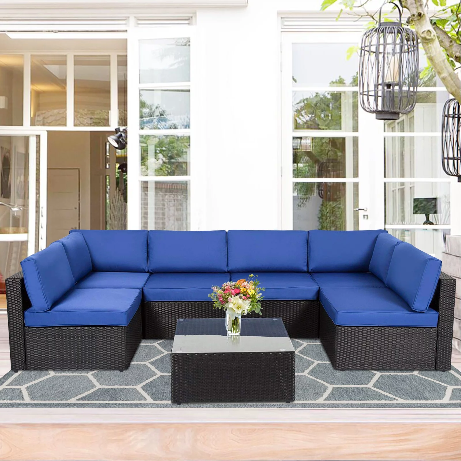 Kinbor 7pcs Outdoor Patio Rattan Wicker Furniture Sectional Sofa Set with Dark Blue Cushions