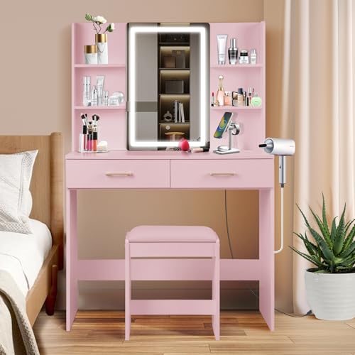 Vanity Set with Lights and Stool, Vanity Desk with Mirror and Lights，Vanity Power Outlet,Vanity Desk with Drawers