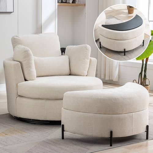 Aoiy & Wifon 42.2" W Oversized Swivel Barrel Chair with Ottoman, Upholstered Round Accent Chair with Storage Ottoman, Chenille, Beige