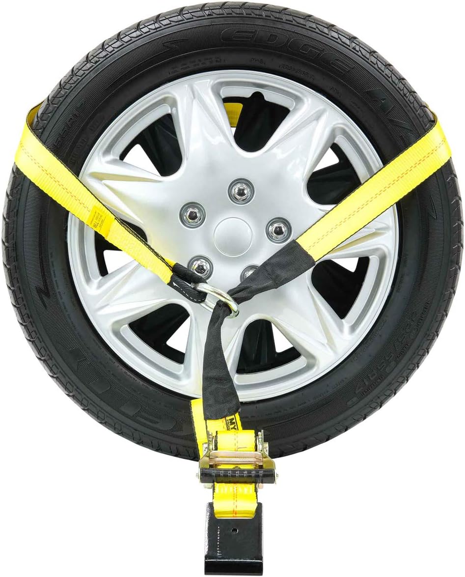 Mytee Products (4 Pack 2 x 14' Car Tie Down Lasso Ratchet Strap with Flat Hook - Tire Straps for Car Trailer - Wheel Straps for Hauling Cars