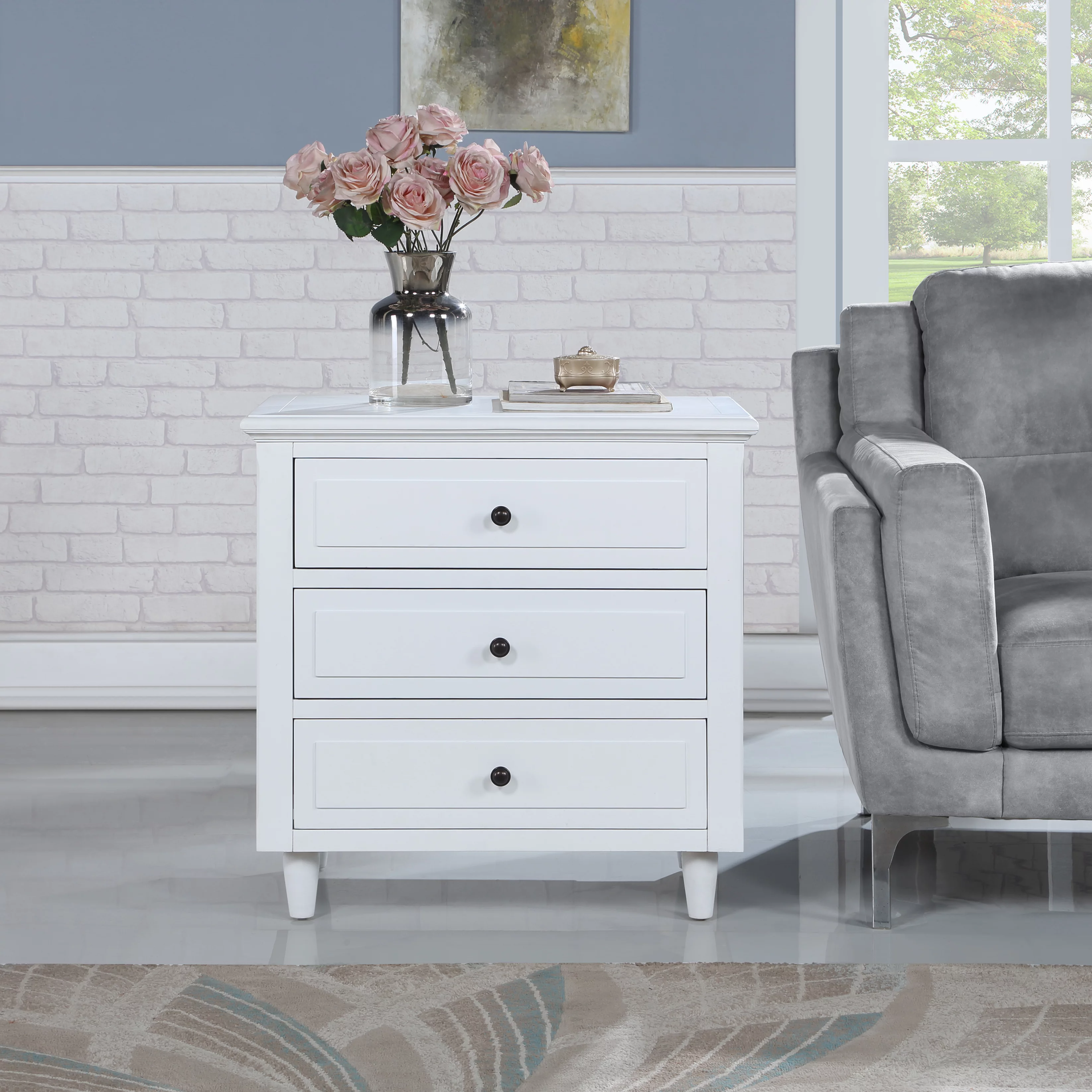 EUROCO 27.9" Oversized 3-Drawer Nightstand ,Solid Wood End Table Storage Cabinet for Bedroom, Living Room, White