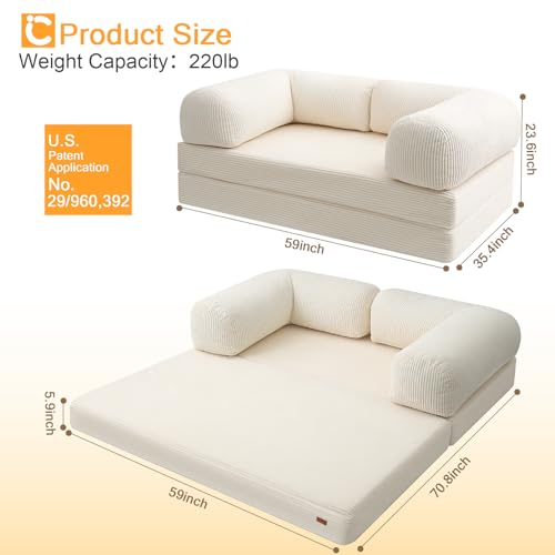 COMAX Folding Sofa Bed, Convertible Chair Bed Corduroy 3-in-1 Foldable Floor Couch with High-Density Foam, Futon Sofa Sleeper Mattress