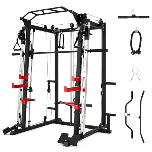 Smith Machine Home Gym with Cable Crossover, All-in-ONE Trainer Power Cage Smith for Strength Training